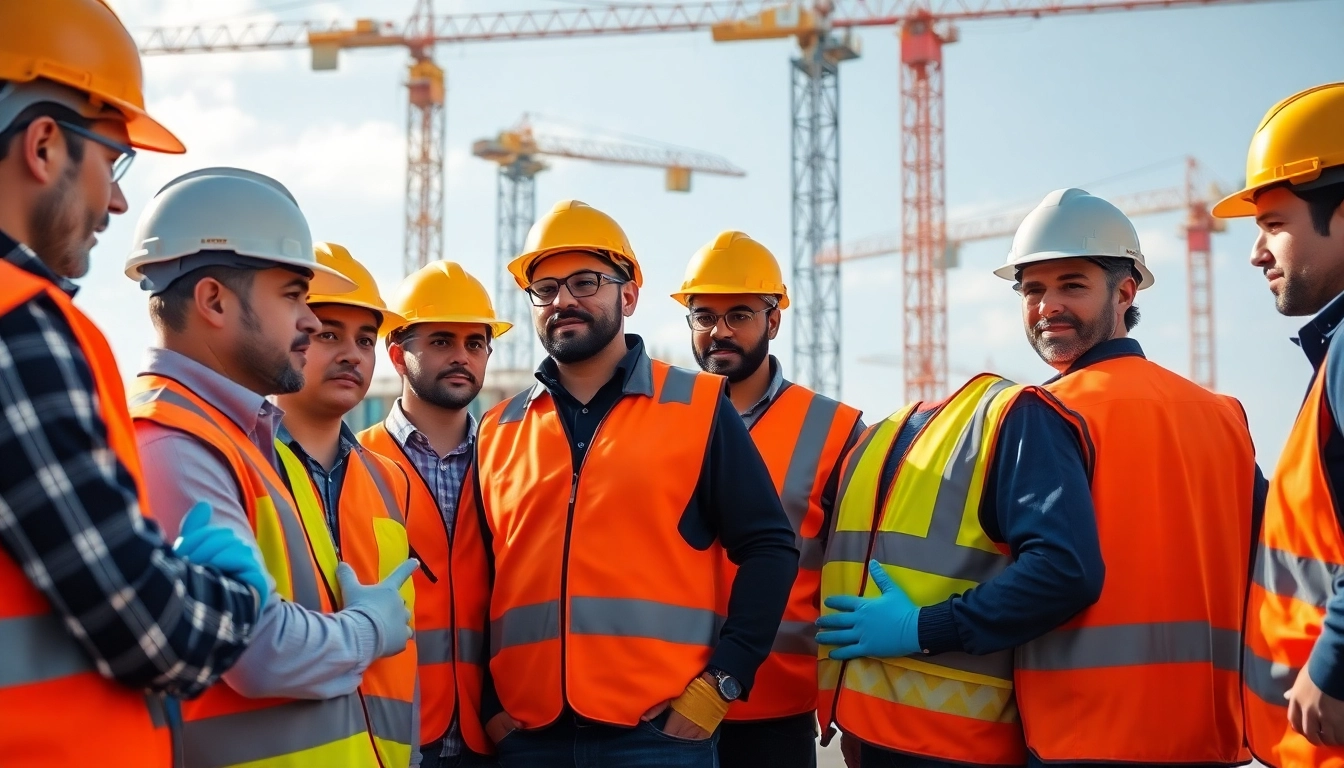 Team discussing construction safety programs while using safety gear on-site.