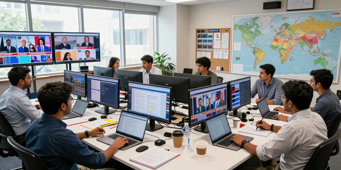Journalists collaborating in a vibrant newsroom for real-time updates on https://www.theindaily.com, showcasing a dynamic news environment.
