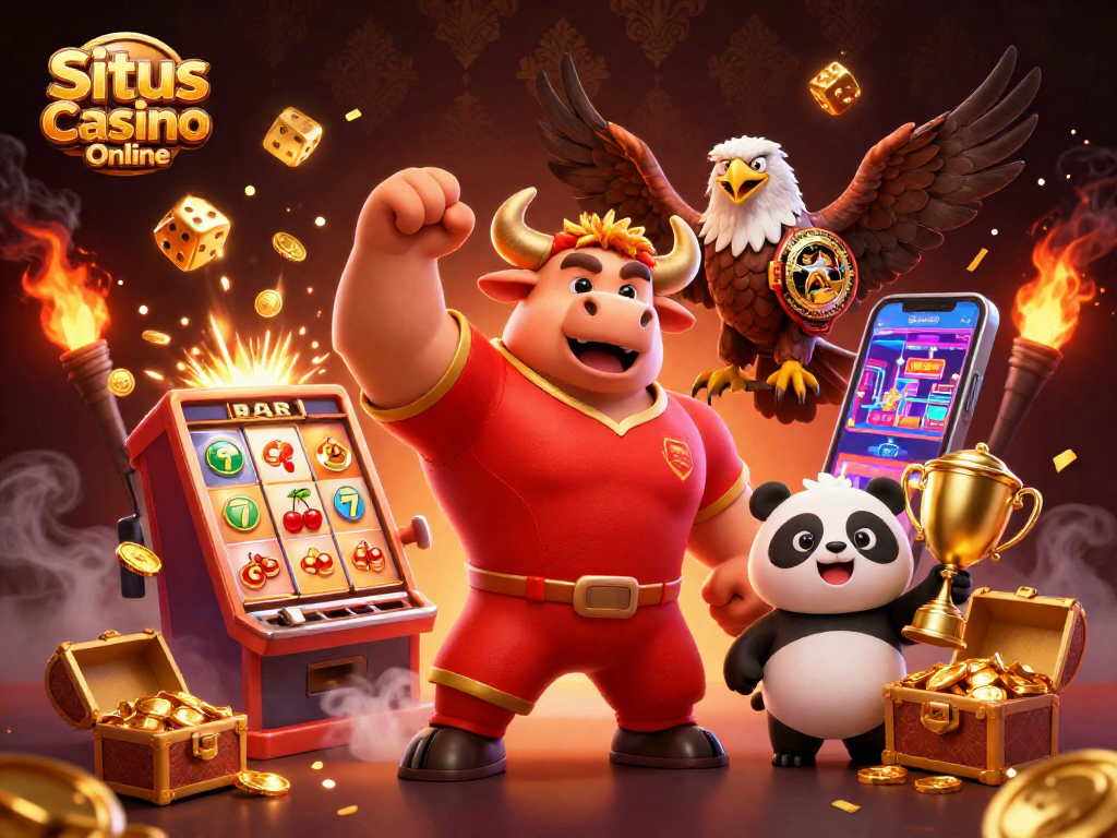 Situs Casino Online features an energetic scene with a 3D bull, eagle, and panda celebrating gaming wins.