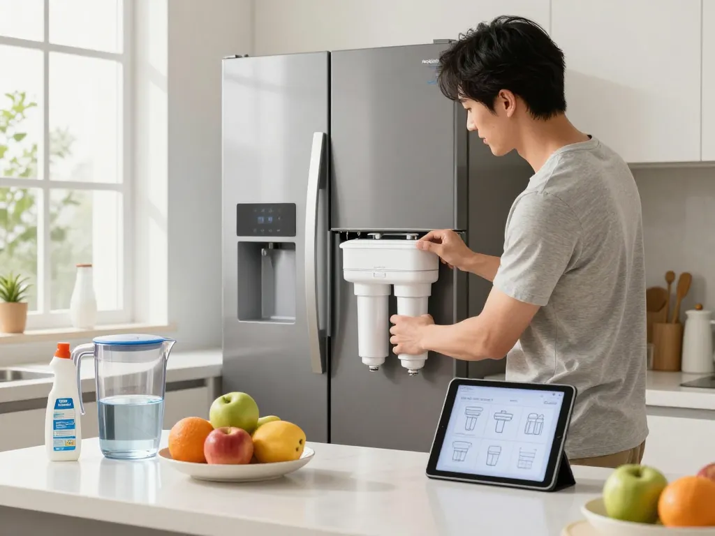 Installing the Filterlogic 4396508 Refrigerator Water Filter in a modern kitchen setting