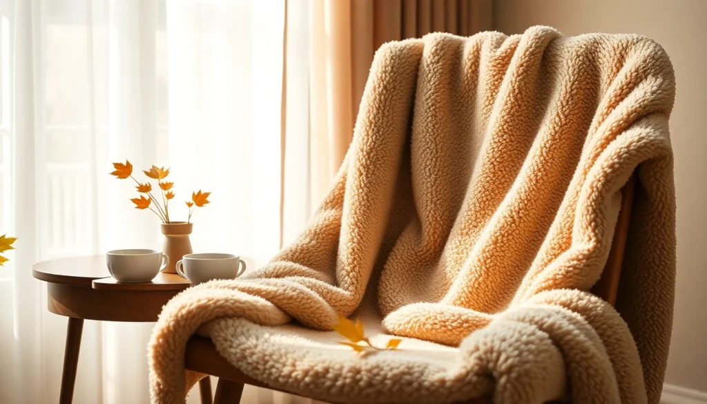 Fleece stof mooi gedrapeerd over een stoel, creëert een warme en uitnodigende sfeer.
