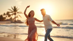 Couple enjoying the Carolina Dance joyfully on a beautiful beach.