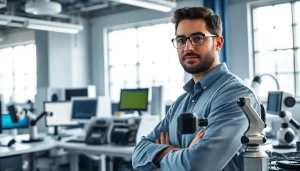 Engineer working with advanced technology devices in a high-tech lab.