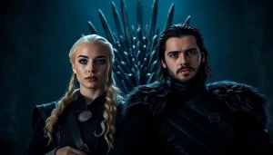 Game of Thrones cast portrait showcasing Emilia Clarke and Kit Harington in dramatic lighting.