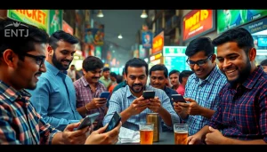 Engaging scene featuring bettors interacting with mobile devices showcasing best sports betting sites India offerings.