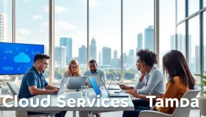 Dynamic collaboration scene showcasing Cloud Services Tampa with professionals leveraging technology.