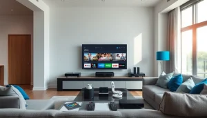 Enjoying iron IPTV in a modern living room with a large screen showing diverse channels.