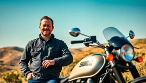 Wir kaufen dein motorrad erfahrungen mit einem vertrauensvollen Biker neben seinem Motorrad in der Natur.