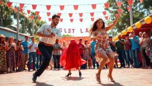 Engaged dancers performing Carolina Dance on an outdoor stage with vibrant energy and audience joy.