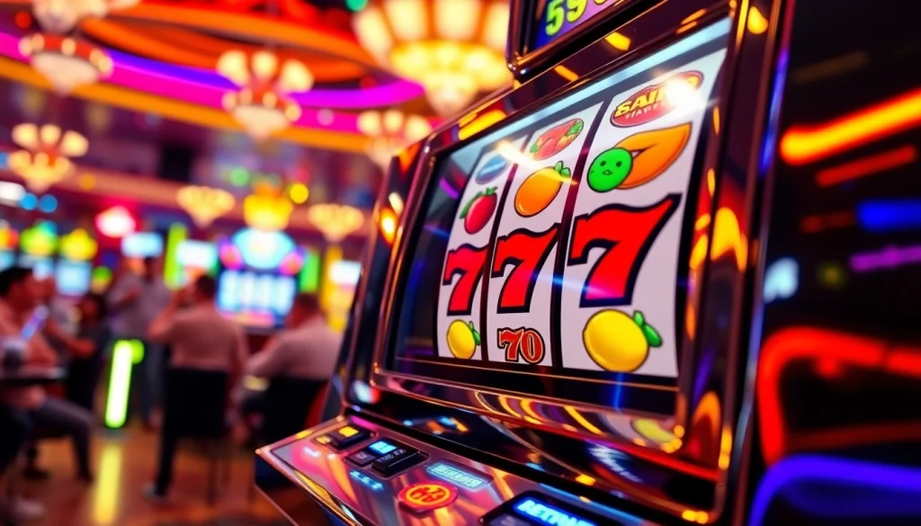 Slot klasik yang menampilkan simbol buah dan tujuh keberuntungan di kasino yang meriah.