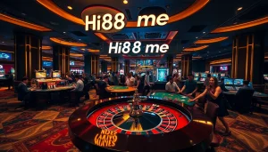 Hi88 me - Players excitedly engaging at a luxurious roulette table in a modern casino.