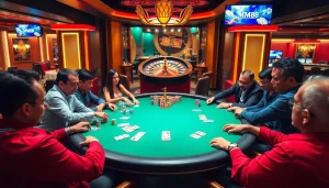 Players enjoying a thrilling poker game at MM88 casino, showcasing excitement and strategic moves.