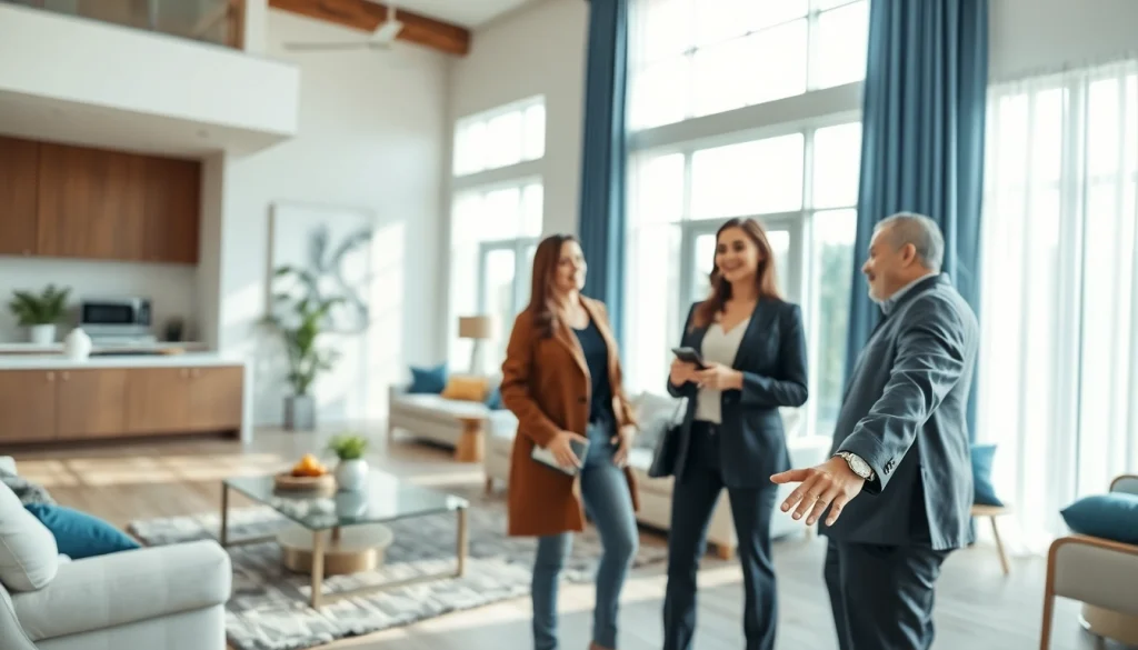 Real Estate agent engaging with buyers in a modern and inviting home interior.
