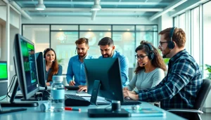 Enhance your managed IT support experience with a collaborative team in a modern workspace.