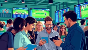 Engage in Manitoba sports betting with a lively scene showcasing bettors interacting and analyzing stats.