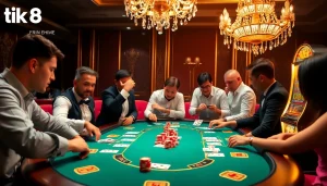 Người chơi lên chiến thuật tại bàn poker Tik88, làm nổi bật sự hứng thú với cá cược trực tuyến.