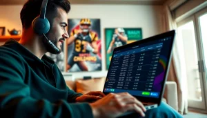 Engaged participant in Oklahoma sports betting, analyzing odds on a laptop in an inviting home atmosphere.