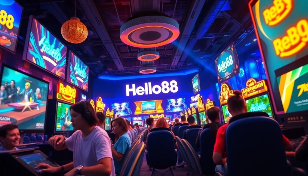 Hello88 gaming arena with players immersed in thrilling online games, vibrant lighting, and modern design.
