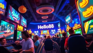 Hello88 gaming arena with players immersed in thrilling online games, vibrant lighting, and modern design.