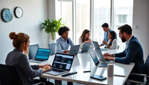 Phone number verification in a modern office environment showcasing professionals engaged in data validation.