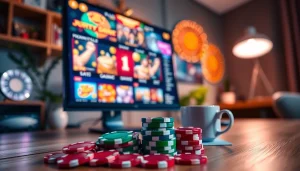 Engage with online casinos in Canada through vibrant games and exciting casino chips on a desktop.