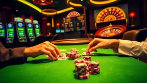 Exciting casino game scene with poker table and 7m cn odds displayed on screens.