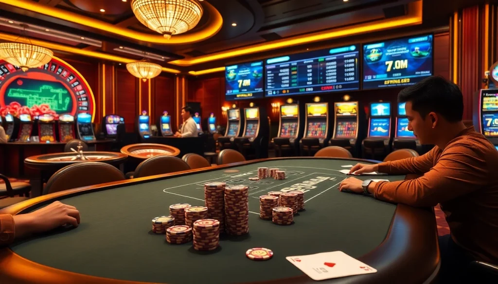 Engaging players at a luxurious poker table, with 7m cn betting interface prominently displayed.