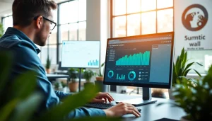 Visualize a digital marketing expert analyzing data for a youtube smm panel in a bright office