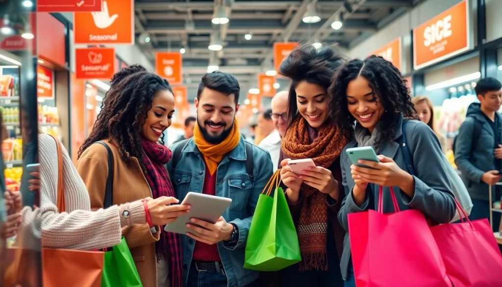 Useful shopping tutorial in a vibrant marketplace with engaged shoppers comparing prices.