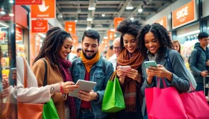 Useful shopping tutorial in a vibrant marketplace with engaged shoppers comparing prices.