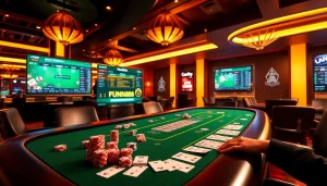 Engage with the Fun88 link in a vibrant casino setting filled with betting activities.