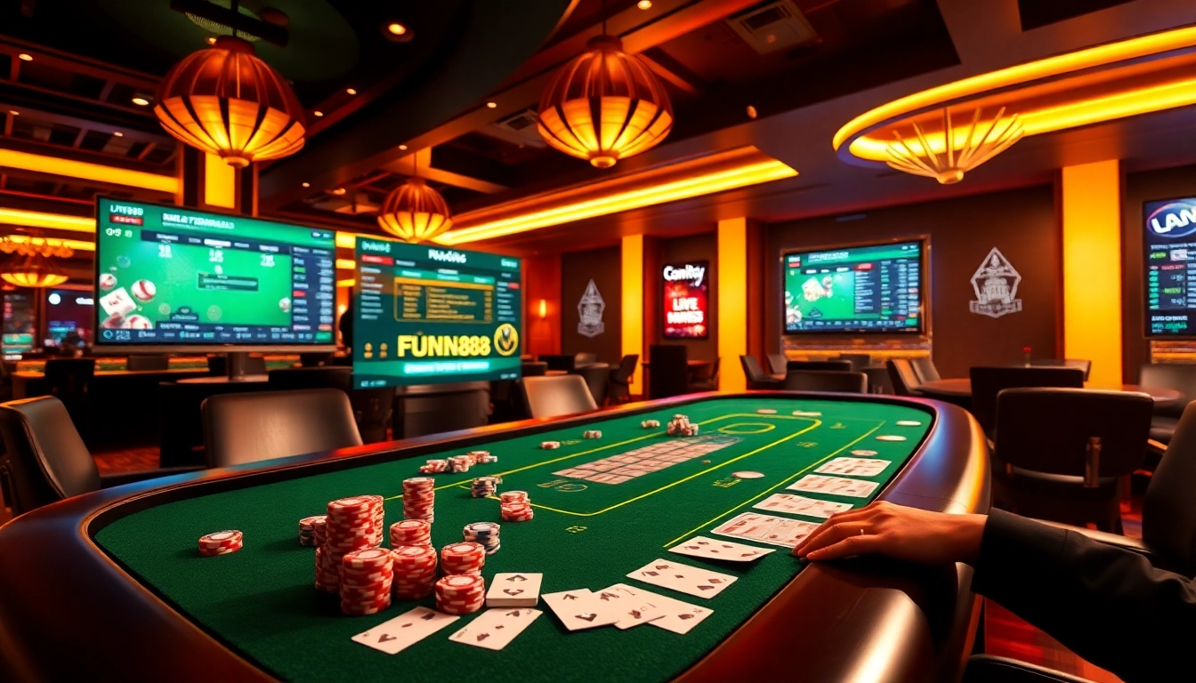 Engage with the Fun88 link in a vibrant casino setting filled with betting activities.