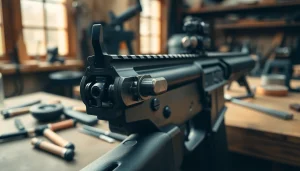 Showcase the AR-10 trigger mechanism with precision details in a workshop setting.