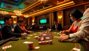 Tham gia các trò chơi hấp dẫn tại bàn cược sôi động của W88 Casino, ngập tràn những chiếc chip poker và lá bài đầy màu sắc.