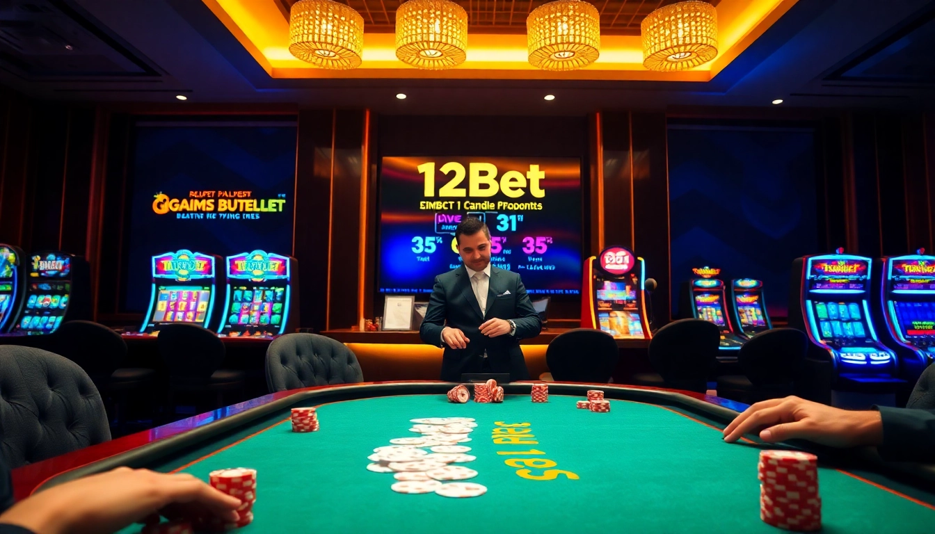 Experience thrilling gameplay with 12bet at a luxurious casino table featuring cards and chips.