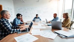 Contractor reviewing das 140 form during a project planning meeting in a bright office.