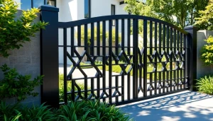 Elegant custom steel gates enhance the entrance of a modern home amidst lush greenery.