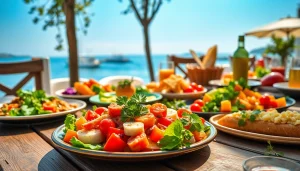 Indulge in the mediterranean diet with a vibrant array of healthy dishes on a wooden table.