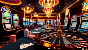 A table game scene showcasing link 188bet with vibrant casino tables, poker chips, and a roulette wheel.