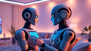 Futuristic scene of AI companionship exploring emotional connections in the context of ai sex.
