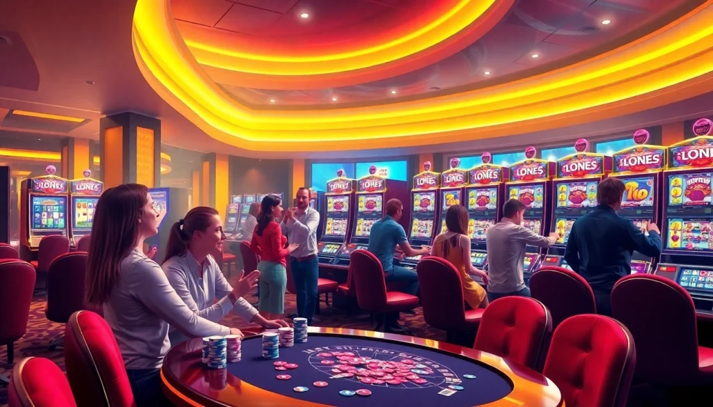 Engaged players enjoying the exciting idn slot machines in a luxurious casino atmosphere.