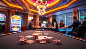 RR88 casino table showcasing vibrant poker chips and cards in a luxurious setting.
