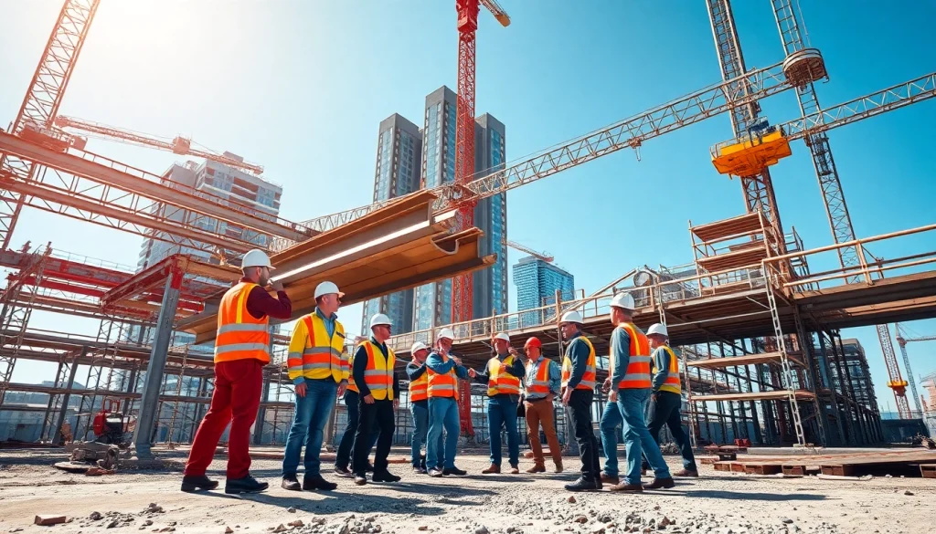 Structural steel construction team installing beams at a bustling construction site.
