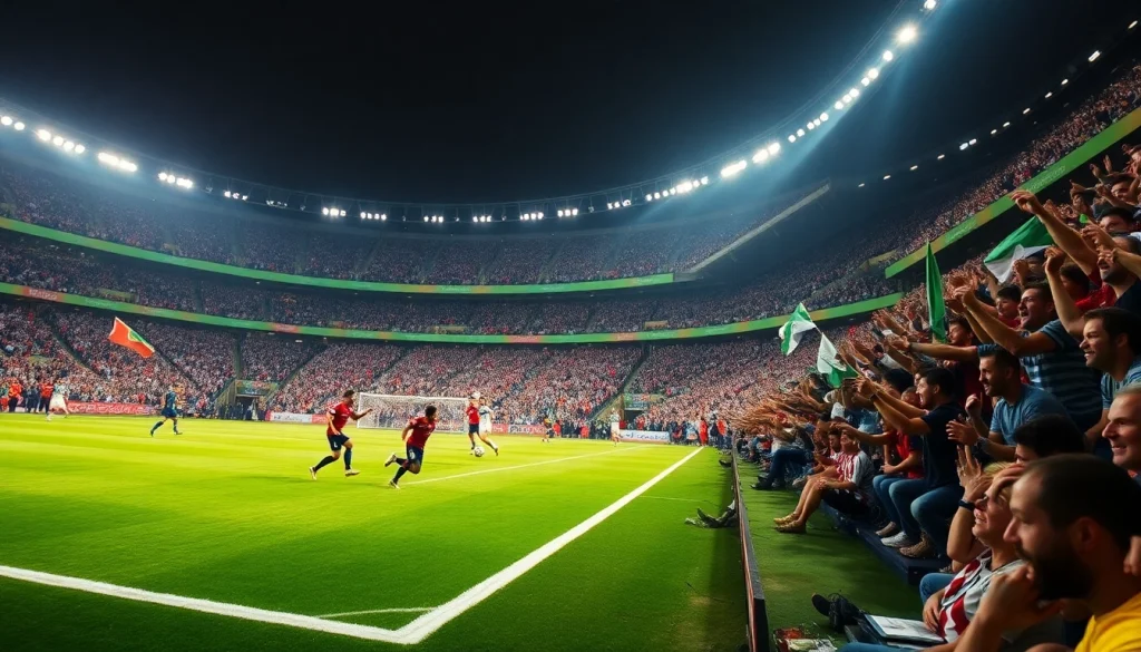 مشهد مثير من مباراة كرة قدم يعرض Koora TV مع جماهير تهتف في استاد حيوي
