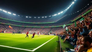 مشهد مثير من مباراة كرة قدم يعرض Koora TV مع جماهير تهتف في استاد حيوي