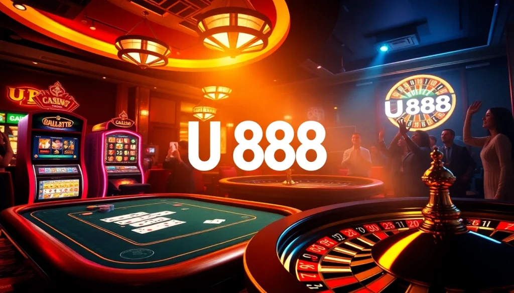 Experience thrilling gameplay at U 888, featuring vibrant slot machines and elegant poker tables.