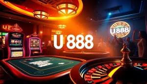 Experience thrilling gameplay at U 888, featuring vibrant slot machines and elegant poker tables.