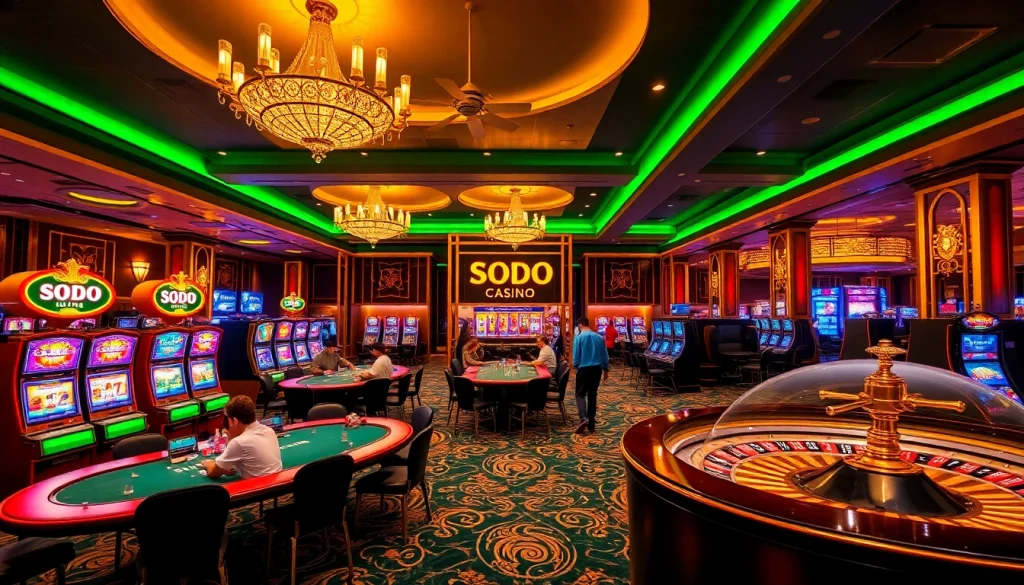 SODO Casino gaming floor with engaged players at poker tables and vibrant slot machines.