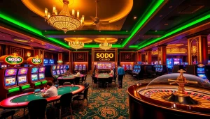 SODO Casino gaming floor with engaged players at poker tables and vibrant slot machines.
