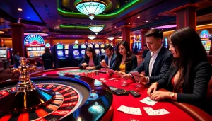 Số Đỏ 66 casino scene with vibrant tables, roulette wheel, and engaged gamblers